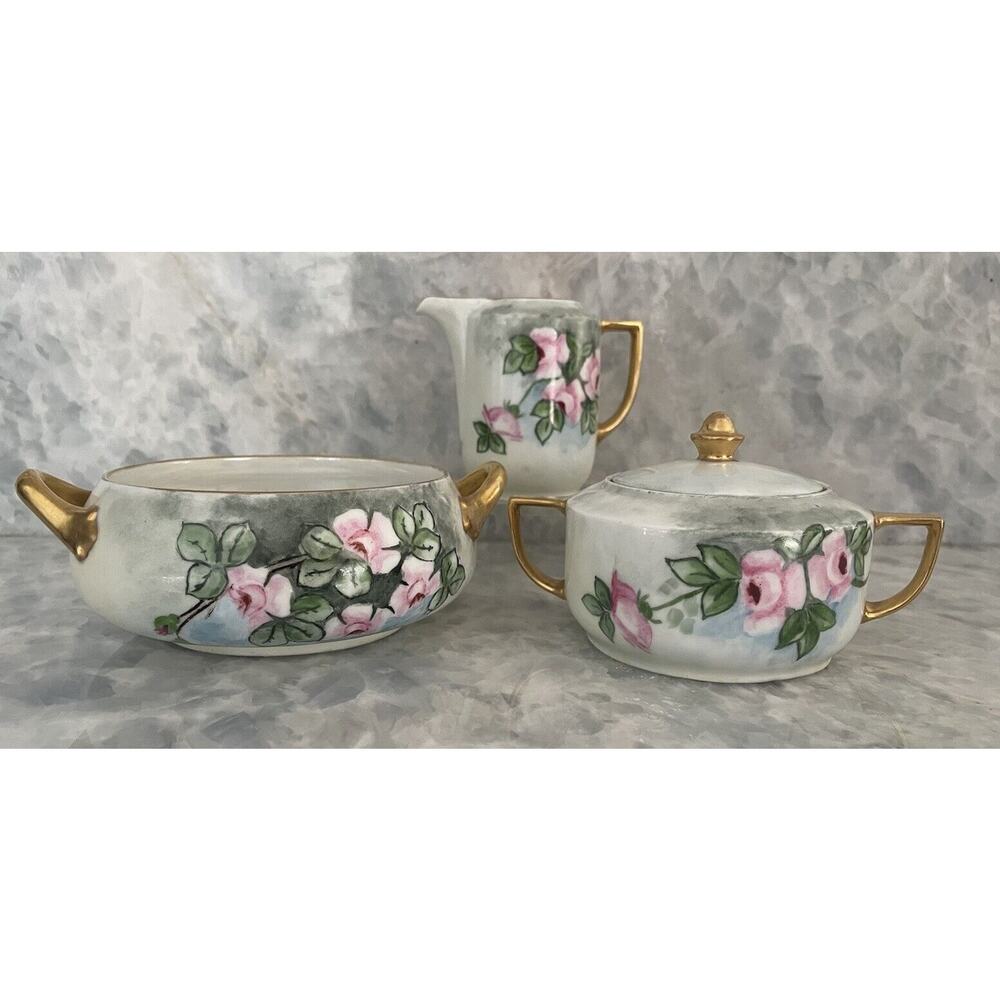 Antique Thomas Bavaria Porcelain Floral Creamer &lidded Sugar Bowl & Candy Dish?
